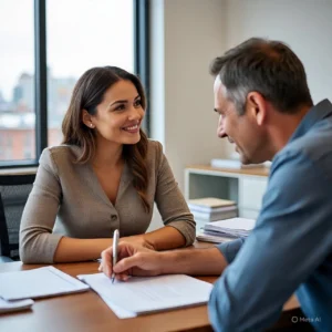 A prospective home buyer interviews a real estate agent in their office, discussing the Union, NJ housing market.